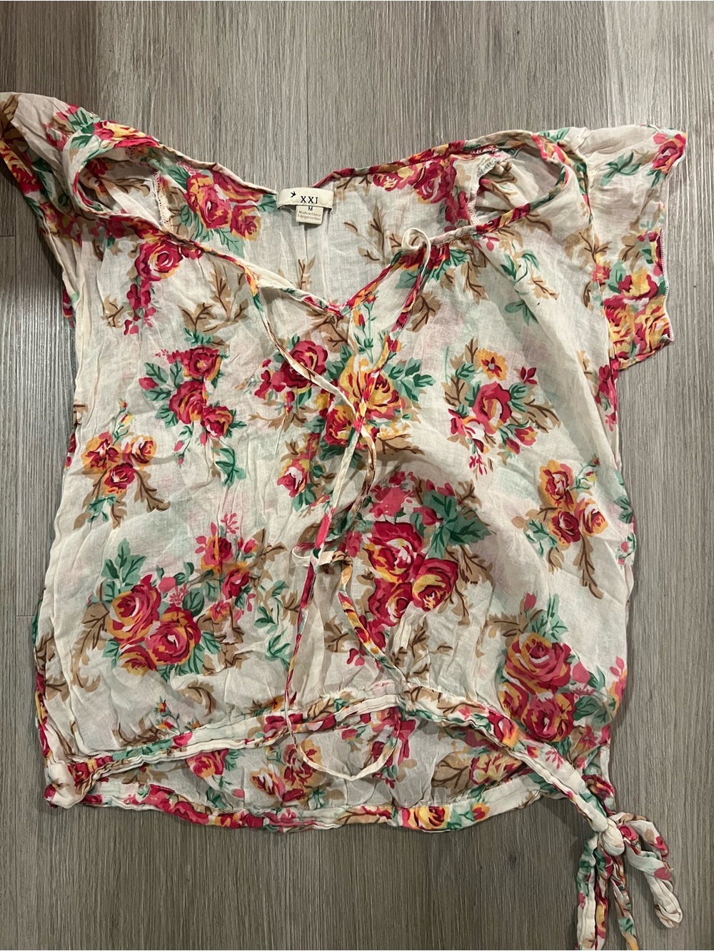 Forever 21 Cream Floral Tie-Front Blouse